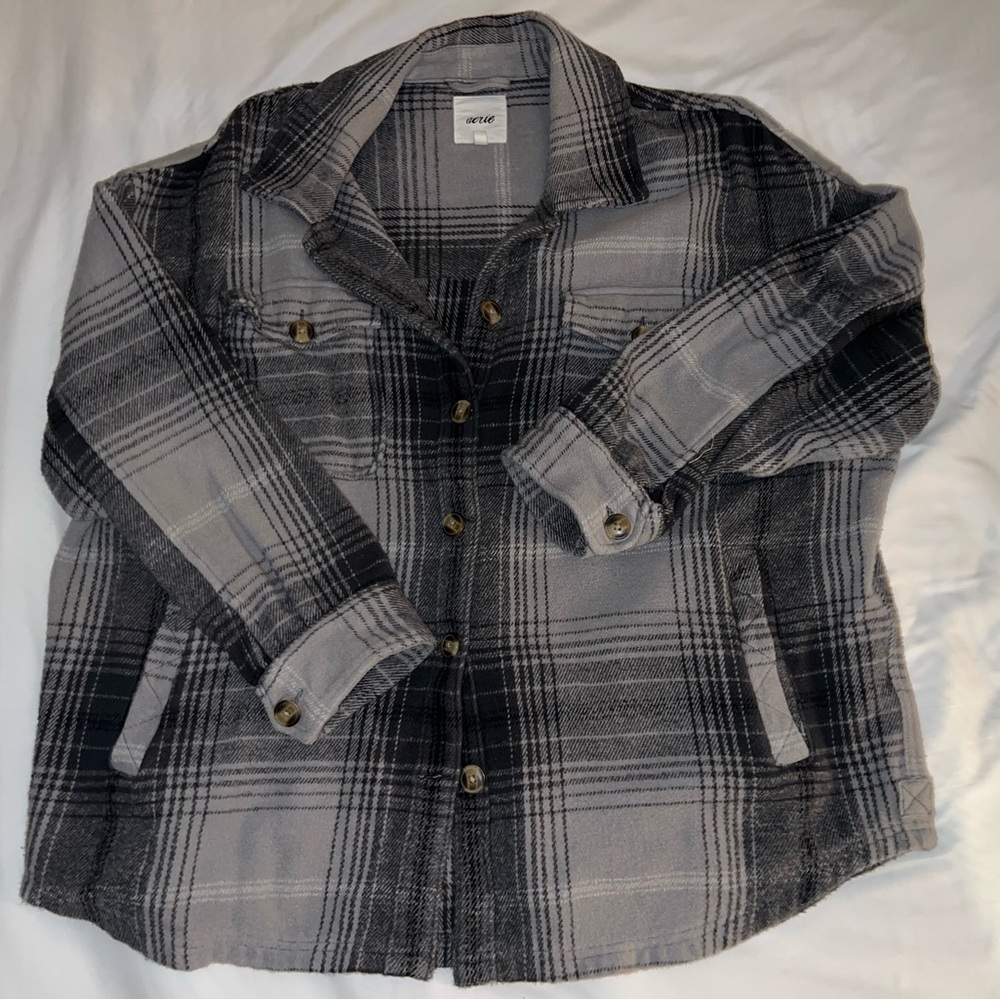 American Eagle AE Black Gray Fleece Plaid Shacket Size Extra Large XL